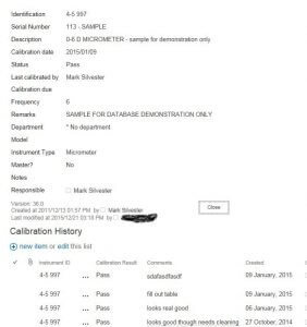 Instrument record with calibration history